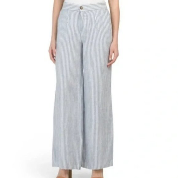Tahari 100% Linen Pants High Waisted Wide Leg Trousers Railroad Stripe Blue 12 - Picture 1 of 9
